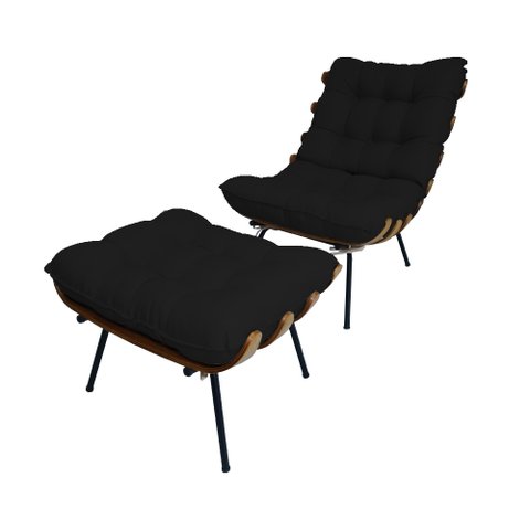 Poltrona com Puff Sala Quarto Recepção Escritório Costela Esqueleto Base Fixa Courino Preto