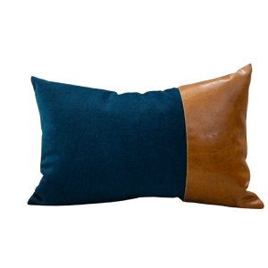Almofada Premium Collection Azul & Couro Caramelo Retangular