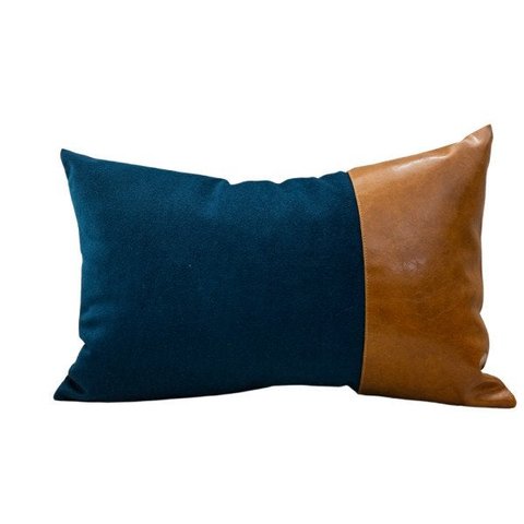 Almofada Premium Collection Azul & Couro Caramelo Retangular