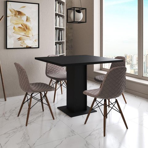 Mesa Jantar Londres Quadrada Preta 90cm 4 Cadeiras Eames Estofadas Nude Médio Madeira
