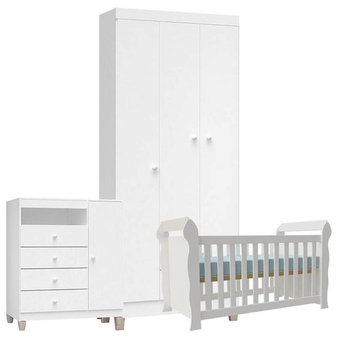 Quarto de Bebê 3 Portas Ternura Baby com Berço Lara Branco Brilho - Incorplac