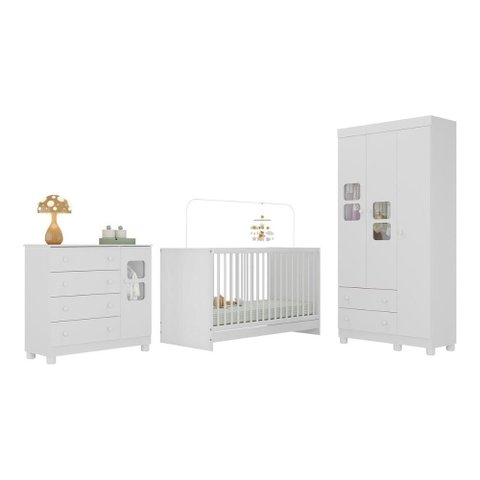 Quarto de Bebê Completo com Berço 3 em 1 para Colchão 130x60cm Sol Multimóveis Mp4526 Branco