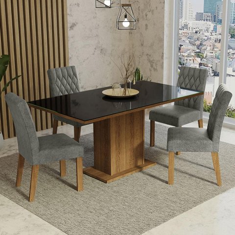 Conjunto Sala de Jantar Mesa Tampo de Vidro 4 Cadeiras Rustic/preto/silver Marilia Madesa