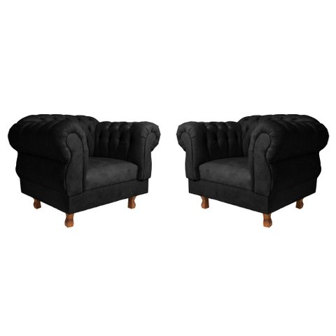 Kit 2 Poltronas Elisabeth Chesterfield Capitone Suede Preto / Barbearia, TV, Sala estar