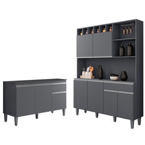 Cozinha Compacta Alice e Balcão Gabinete com Tampo Tatiane 120cm Cinza - Ajl Móveis