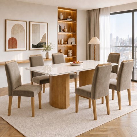Conjunto Sala de Jantar 6 Lugares com Vidro 160x80cm Isla Lyra Cinamomo e Marrom