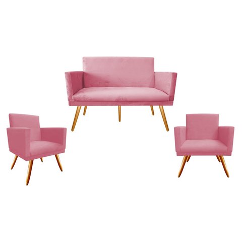 Kit Namoradeira + 2 Poltronas Decorativa Nina Suede Rosa Pés Madeira Ms Decor