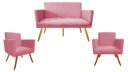 Ver imagem 1 de Kit Namoradeira + 2 Poltronas Decorativa Nina Suede Rosa Pés Madeira Ms Decor