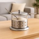 Ver imagem 2 de ACUCAREIRO INOX VIDRO PRATA KIT COMPLETO LUXO COLHER TAMPA REMOVIVEL PORTA ACUCAR SAL POTE ALCA CHA 