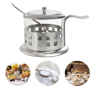 ACUCAREIRO INOX VIDRO PRATA KIT COMPLETO LUXO COLHER TAMPA REMOVIVEL PORTA ACUCAR SAL POTE ALCA CHA 