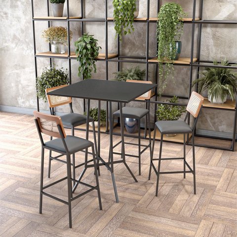 Conjunto Mesa Bistrô Gabi Metal + 4 Banquetas Gabi Metal - Preto - Assento Estofado Corano Preto