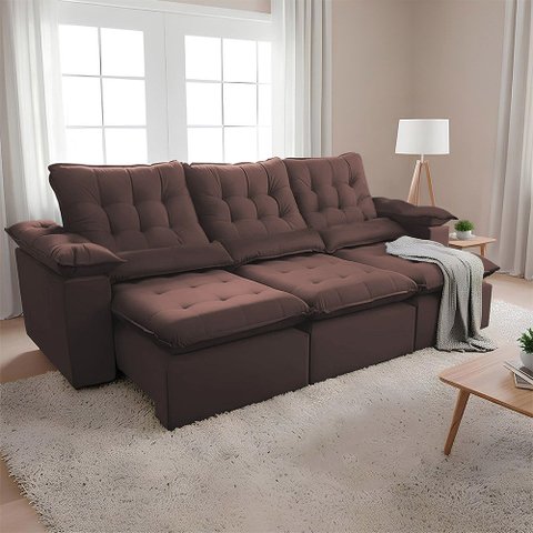 Sofá Retrátil 2.50m Suede Macio Amplo e Conforto Elevado para Ambientes Grandes Europa Marrom