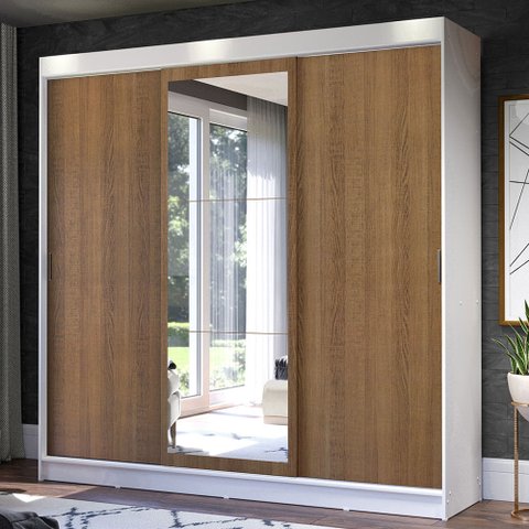 Guarda-Roupa Casal Madesa Istambul 3 Portas de Correr com Espelho 3 Gavetas Branco/Rustic Cor:Branco