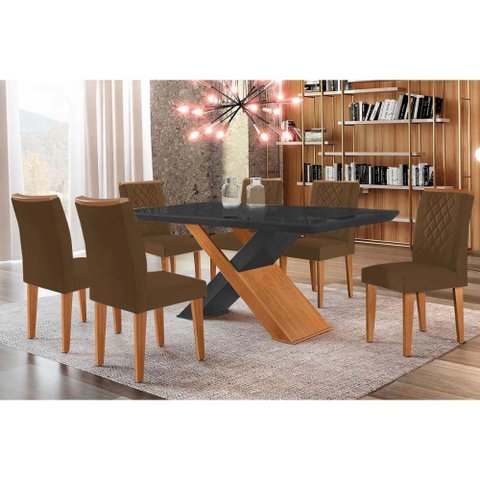 Sala de Jantar Completa Imperatriz Tampo Madeirado C/ Vidro Canto Curvo 180x90 e 6 Cadeiras Jade