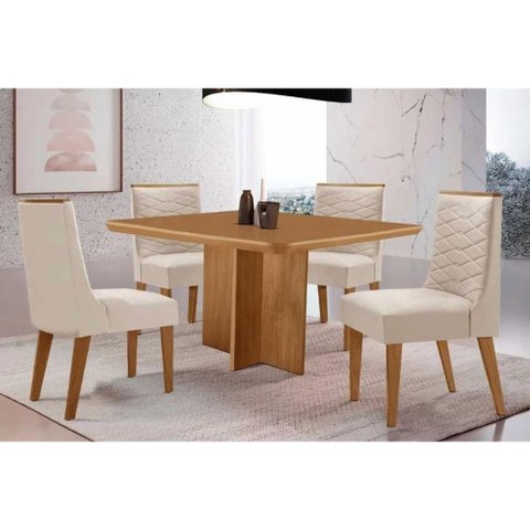 Conjunto: Mesa de Cozinha Berlim Tampo Curvo 90cm+4 Cadeiras Maldivas Madeira Naturale - Capuccino/