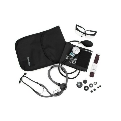 Kit Acadêmico Cinza (Ap. Pressão Art. Adulto Nylon Fecho de Contato + Estetoscópio Rappaport BLACK) 
