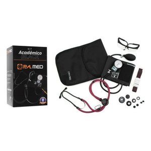 Kit Acadêmico Vinho (Ap. Pressão Art. Adulto Nylon Fecho de Contato + Estetoscópio Rappaport BLACK) 