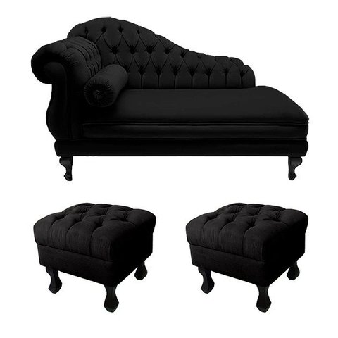 Recamier Divã Namoradeira Larissa 150cm + 2 Puffs Retrô Suede Preto - LM DECOR