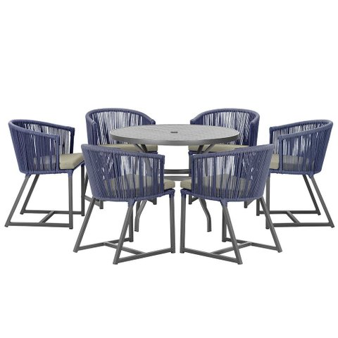 Mesa com 6 Cadeiras de Jantar Roma 120cm e Noronha em Alumínio Preto Corda Náutica Estofado 8 Trama