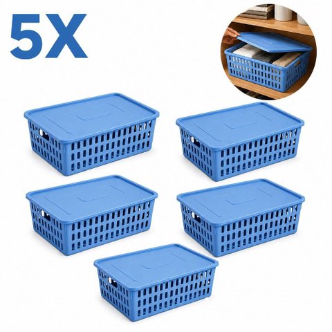 Kit 5 Caixa Organizadora Infantil Empilhavel Cesto com Tampa Azul Multiuso Guarda Roupa Porta Objeto