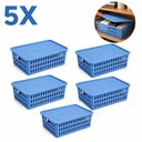 Ver imagem 1 de Kit 5 Caixa Organizadora Infantil Empilhavel Cesto com Tampa Azul Multiuso Guarda Roupa Porta Objeto