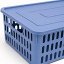 Ver imagem 4 de Kit 5 Caixa Organizadora Infantil Empilhavel Cesto com Tampa Azul Multiuso Guarda Roupa Porta Objeto