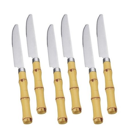Kit 6 Facas Mesa com cabo Plástico Bambu Natural Talheres Aço Inox Lyor - 7382