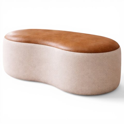 Puff Orgânico Luxo 90cm Boucle Bege Off com Courino Caramelo