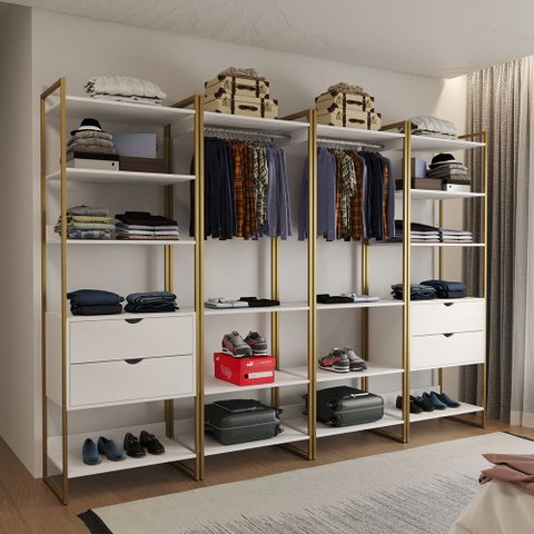 Guarda Roupa Aberto Industrial Casal Modulado Completo Branco Cabideiro com Gavetas Base Dourada