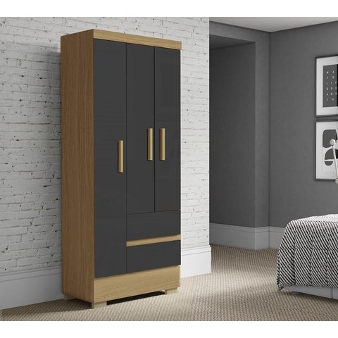 Guarda Roupa Coimbra 3 Portas 2 Gavetas Atacama Grafite - Aramóveis