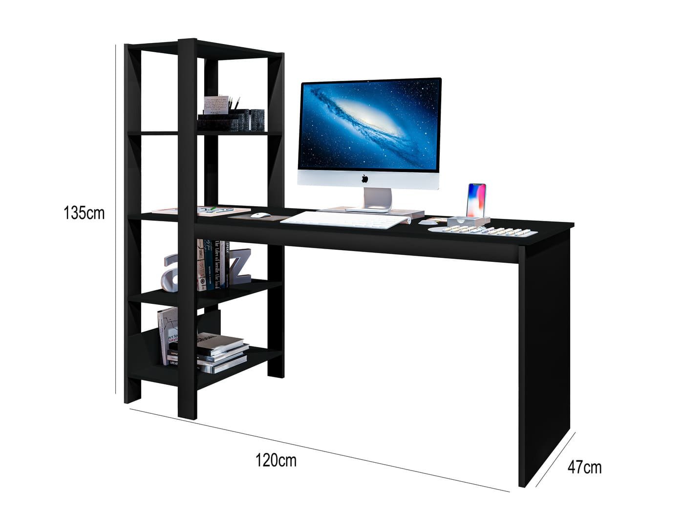 Mesa Escrivaninha Office com Estante 3 Prateleiras Artemis:preto - 3