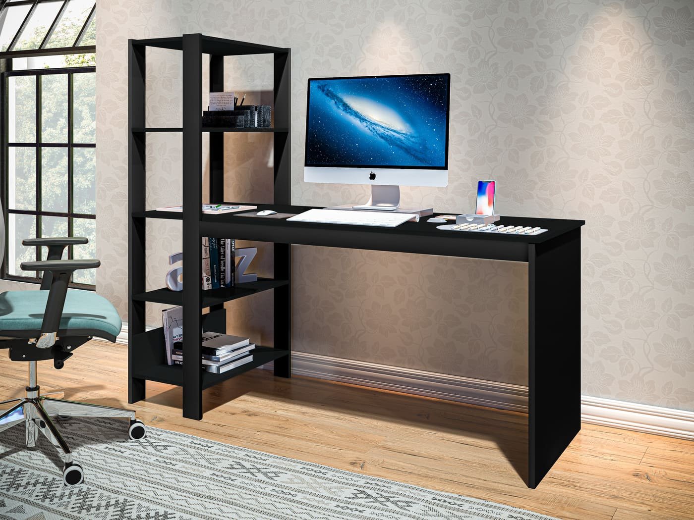 Mesa Escrivaninha Office com Estante 3 Prateleiras Artemis:preto