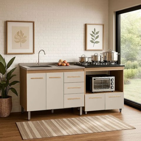 Kit Balcão para Pia 120cm Bianca + Balcão para Cooktop 4 Bocas Elisa - Savana/off White