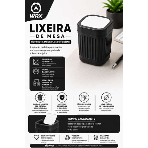 Lixeira de Mesa Compacta com Tampa Basculante:Preto