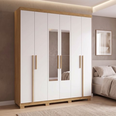 Guarda-Roupa Casal 6 Portas, 2 Gavetas, Pés e Espelho MDF Cuiabá Cinamomo/Off White