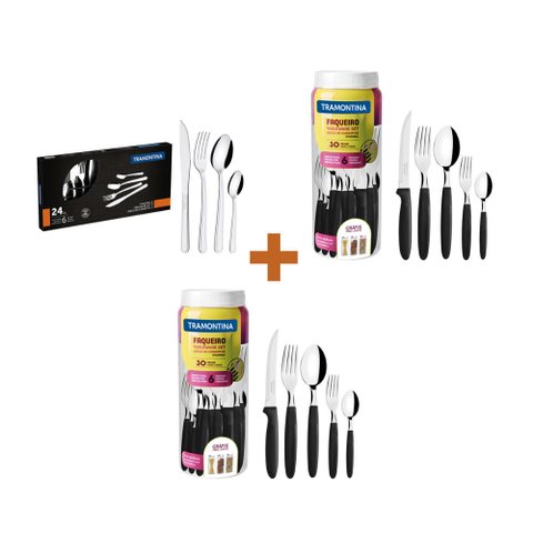 KIT - 2 Faqueiros Inox 30 Peças Ipanema Preto + 1 Faqueiro Inox 24pç - Tramontina
