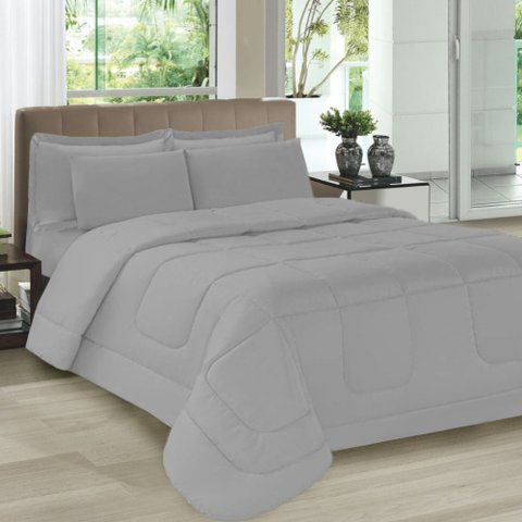 Kit Colcha Casal com Porta Travesseiros e Fronhas Toque Suave Cinza Casa Dona