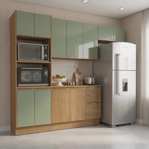 Cozinha Completa Modulada 4 Peças Vibra com Torre Quente e Balcão com Tampo Canela/Verde Pistache