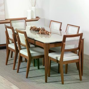 Conjunto de Jantar Mesa com Vidro Addar 6 Cadeiras Saga - Natural C/ Cru