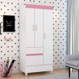 Guarda Roupa Solteiro 3 Portas 2 Gavetas 3 Prateleiras Branco/Rosa - 1 Guarda Roupa Solteiro 3 Portas 2 Gavetas 3 Prateleiras Branco/Rosa - 1