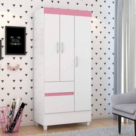 Guarda Roupa Solteiro 3 Portas 2 Gavetas 3 Prateleiras Branco/Rosa