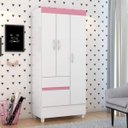 Ver imagem 1 de Guarda Roupa Solteiro 3 Portas 2 Gavetas 3 Prateleiras Branco/Rosa