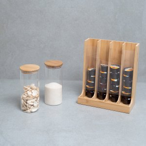 Kit com 2 potes de vidro com tampa de bambu 800ml e porta cápsulas de bambu - Oikos