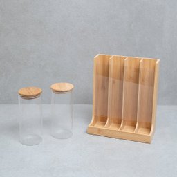 Kit com 2 potes de vidro com tampa de bambu 800ml e porta cápsulas de bambu - Oikos - 4