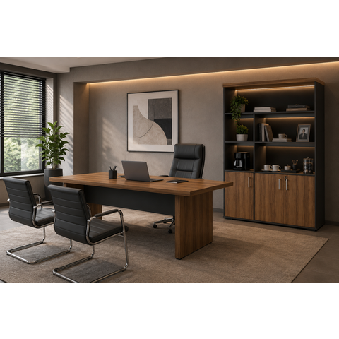 Conjunto Escritório Artany: Mesa e Estante c/ LED