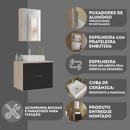 Conjunto Gabinete Banheiro Rubi 60cm - Gabinete + Cuba + Espelheira - Madeirado/preto - 7