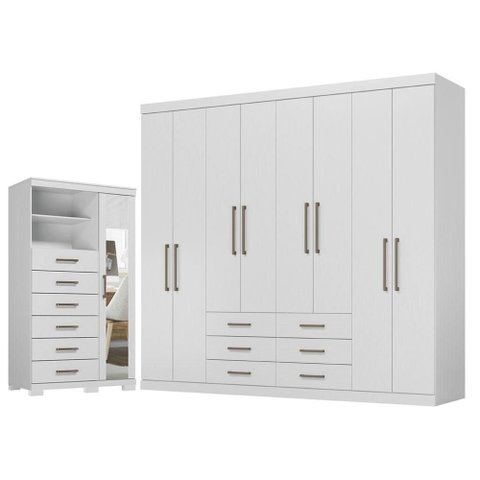 Guarda Roupa Casal 8 Portas 6 Gavetas Master e Cômoda Marabá com Espelho e Pés Branco Brilho - Santo