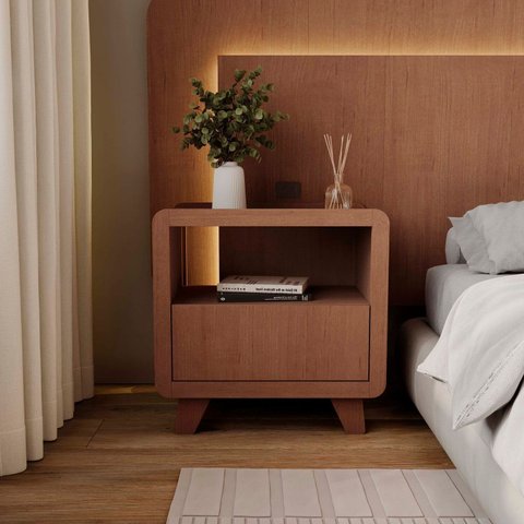 Mesa de Cabeceira 55cm com Gaveta e Nicho 100% MDF Padrão Planejados Mabel Marrom