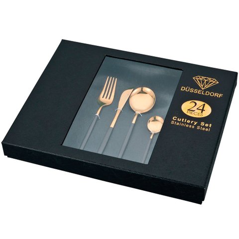Jogo de Talheres Düsseldorf Dourado com cabo Preto - 24 peças Prime Home Decor