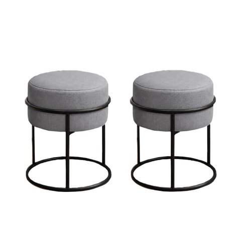Kit 2 Puff Redondo Decorativo Estofado em Linho Base Metálica Preta Cor Cinza